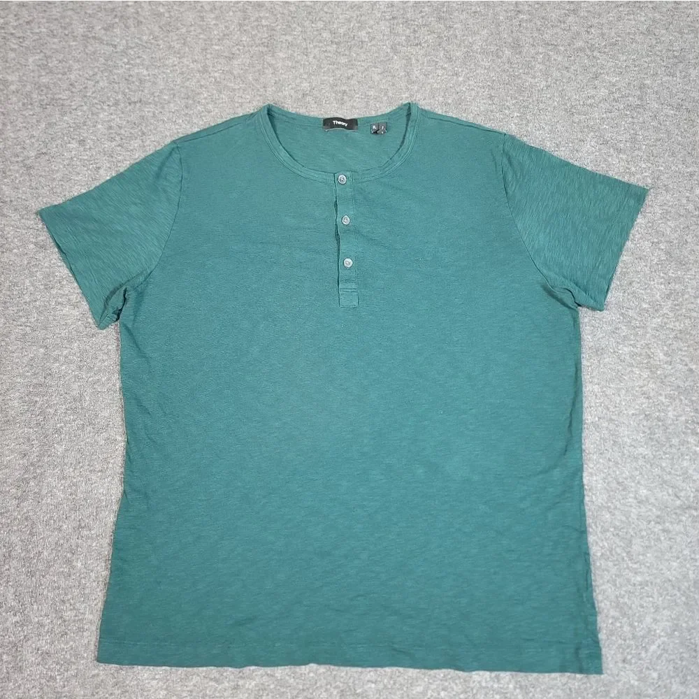 Theory Mens Regular Fit Slub Henley T-Shirt Size XL Green Short Sleeve